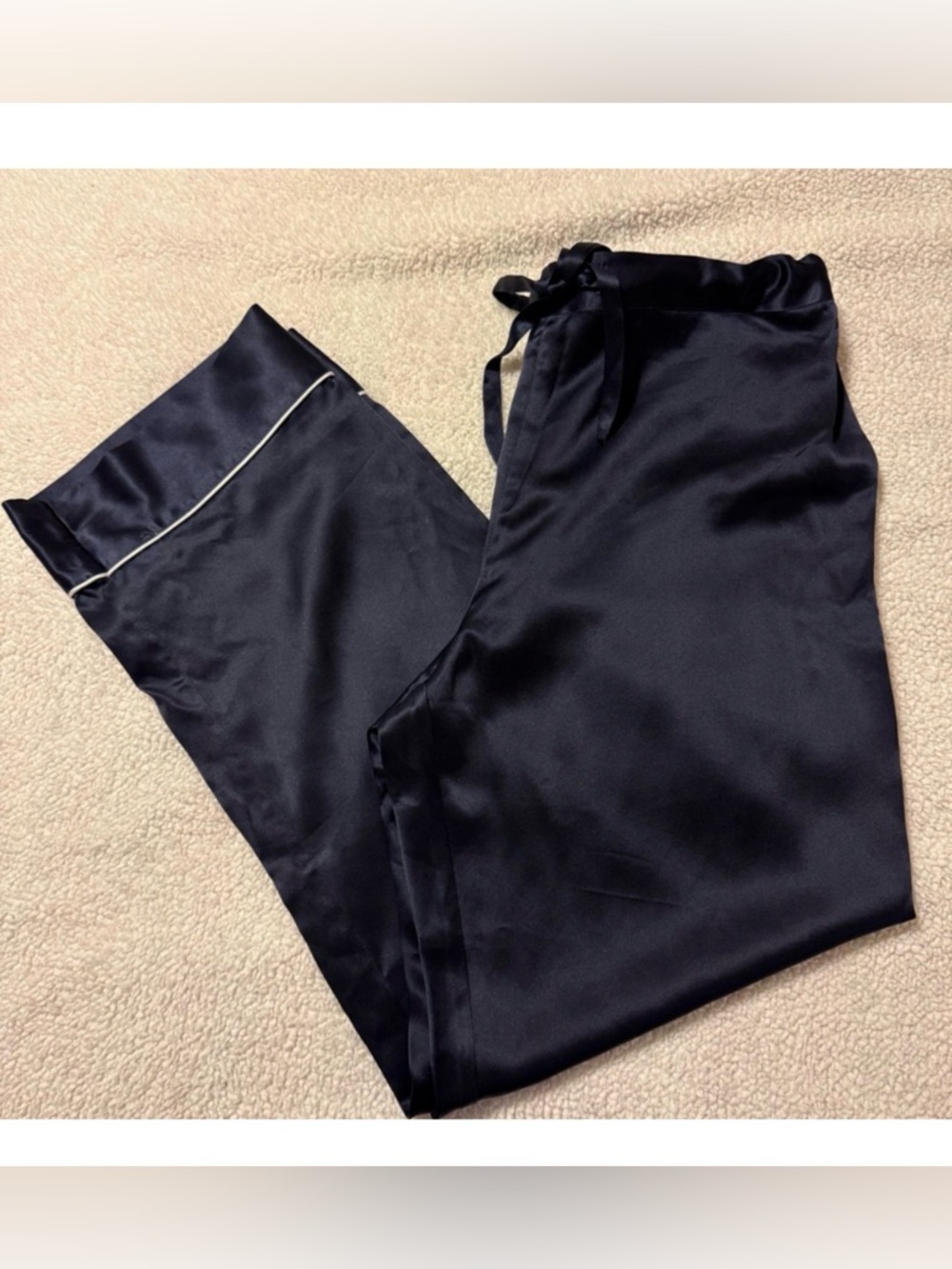 Lily Silk Navy Blue Chic Trimmed Mulberry Silk Pajama Pants Wide Relaxed Leg